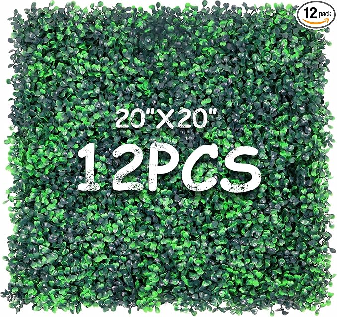 12 Pieces 20” X 20” (33.3 Sq.Ft) Artificial Hedge Boxwood Panels UV Protected Boxwood Hedge Grass Wall Green Greenery Plant Mats Backdrop Panels for Indoor Outdoor Garden Backyard Fence