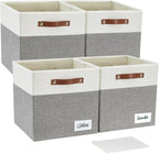 Collapsible Fabric Storage Cube Bins with 2 Reinforced PU Handles, Foldable Storage Organizer Baskets for Closet, Shelves, Living Room | 13"x13"x13", 4 Pack, Gray & White