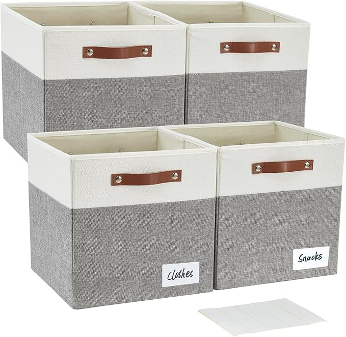 Collapsible Fabric Storage Cube Bins with 2 Reinforced PU Handles, Foldable Storage Organizer Baskets for Closet, Shelves, Living Room | 11"x11"x11", 4 Pack, Gray & White