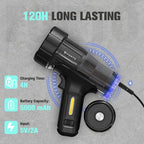 FORTO Rechargeable Spotlight, 1800ft Beam Distance, 5000 Lumens and IPX8 Waterproof 40 ft Depth, Warm Glow Camping Lantern, Perfect for Dog Walking, Camping, Adventure, Home Backup use (Black-Pro)