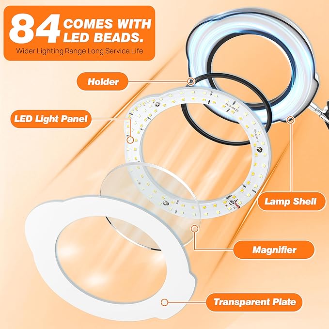 10X Magnifying Glass with Light and Clamp, 5 Color Stepless Dimmable Modes 84 LEDs Magnifier with Light Hands Free for Reading Sewing Crafts Repair and Close Work (10X Clamp)