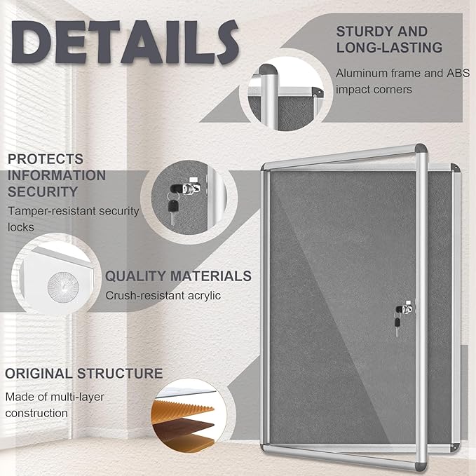 36"x24" Enclosed Bulletin Board with Locking Door, Tamper-Proof Dispaly Case, Aluminium Frame, Outdoor Bulletin Board Weatherproof, Lockable Cork noticeboard for School,Office,etc