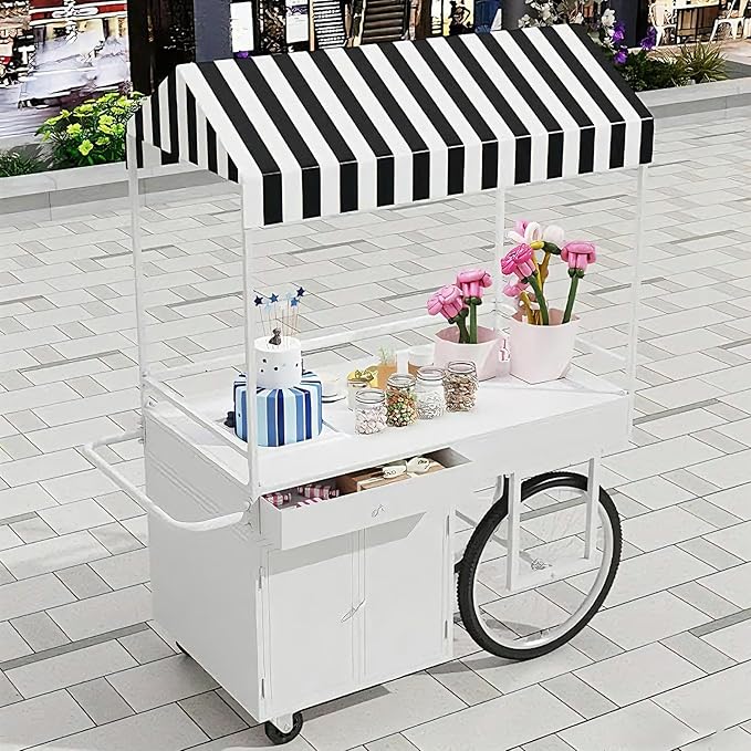 Food Cart for Business with Striped Canopy, Mobile Display Stand with Storage Drawers, for Street Food, Farmers Markets, Outdoor Events (Yellow, 47.24 * 27.56 * 78.74in)