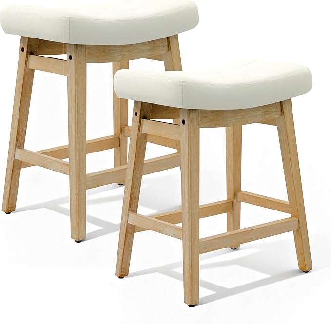 Counter Height Bar Stools Set of 2 for Kitchen Counter Backless Farmhouse Kitchen Island Barstools with Upholstered Faux Leather Saddle Seat and Solid Wood Legs Modern 24 inch Bar Chairs, White