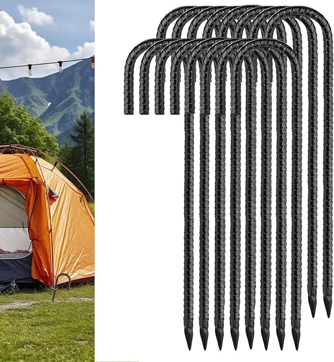 Black Rebar Stakes 12 inch (16pcs) - Heavy Duty 6mm Metal J Hook Ground Stakes,Galvanized Steel for Tent,Bounce House,Fence,Dog Coop,Artificial Turf,Outdoor Plants,Christmas & Holiday Decorations