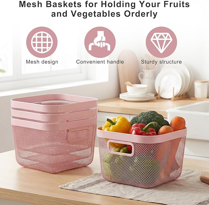 4 Pack Metal Mesh Basket with Hollow Handles Pink Wire Storage Bin for Organizing Stackable Metal Fine Mesh Basket for Pantry Bathroom Kitchen Cabinets Shelves