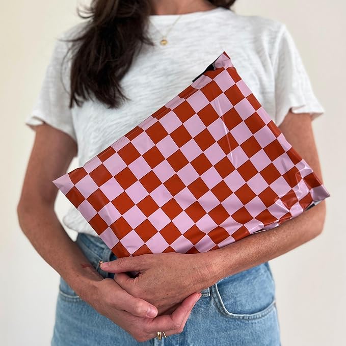 Poly Mailers 10x13 – 100 Pack – Cute Printed Recyclable Shipping Envelopes for Small Business Packaging, Self Sealing Mailing Bags – Checkerboard Pink and Rust Design