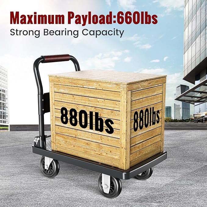 Upgraded Foldable Push Cart Dolly | 780 lbs.Capacity Moving Platform Hand Truck | Foldable for Easy Storage | 5'' PU 360 Degree Swivel Silent Wheel-Black