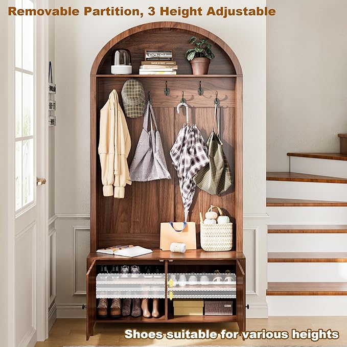 Hall Tree with Bench and Shoe Storage, 78.74" Entryway Storage Bench with 7 Hooks and 2 Adjustable Shelves,Arch Coat Rack Freestanding Retro Hall Tree Organizer for Hallway,Mud Room,Entryway (39.37"W)
