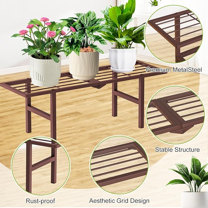 2 Pack Metal Plant Stand Outdoor Indoor, 1 Tier Folding Tiered Corner Flower Display Holder Shelf, Stackable Heavy Duty Multiple Plant Rack for Windowsills Patios Balconies, Brown