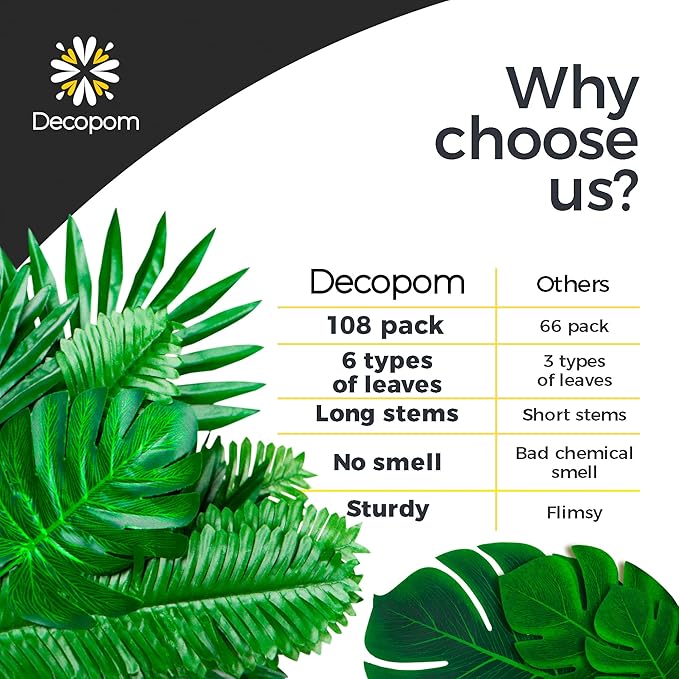 108 Pack Palm Leaves Artificial Tropical Monstera - 6 Kinds Large Small Green Fake Palm Leaf with Stems for Safari Jungle Hawaiian Luau Party Table Decoration Wedding Birthday Theme Party Decorations