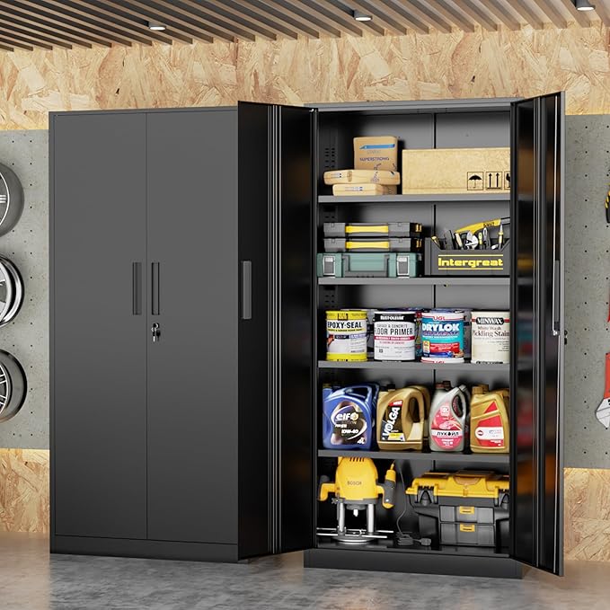 INTERGREAT Storage Cabinet with Doors and Shelves, Metal Garage Storage Cabinets with Lock, Black Lockable Steel Supply Cabinet for Home Office, Warehouse