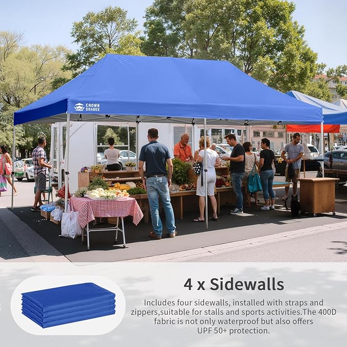 CROWN SHADES 10x20 Pop Up Canopy Tent, Thicken Frame Commercial Heavy Duty Tent, 4 Sidewalls 8 Stakes & 4 Sandbags & 4 Ropes, Outdoor Canopies for Events, Parties, Blue