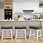 Counter Height Bar Stools Set of 3 for Kitchen Counter Farmhouse Modern Barstools with Faux Leather Upholstered Backless Seat and Solid Wood Legs 24 inch Bar Chairs, Grey + White