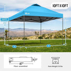 CROWN SHADES Adjustable Height on The Fly, 10x10 Pop Up Canopy - Beach Tent with One Push Setup - Easy Outdoor Sun Shade for Events, Parties, Camping - Outside Shade with STO-N-Go Bag, Sky Blue