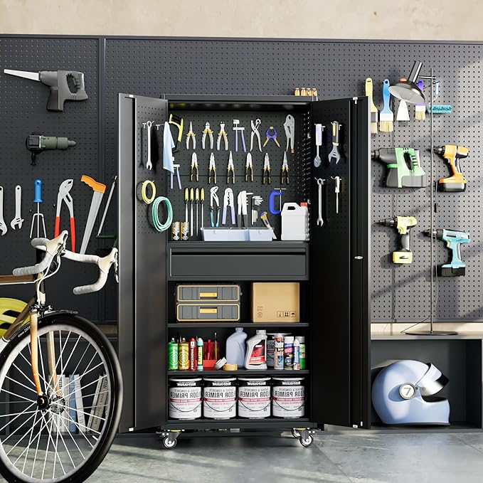 Metal Storage Cabinet with Drawers, Locking Garage Tool Cabinets on Wheels with Pegboards and Hooks for Warehouse Homes, Offices, Assembly Required(Black)