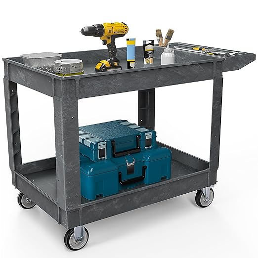 DWVO Service Utility Cart on Wheels, 550 lbs 2 Shelf Heavy Duty Rolling Carts, 45 x 25 in Plastic Cart Work Carts with Wheels for Warehouse Garage School & Office, Cleaning
