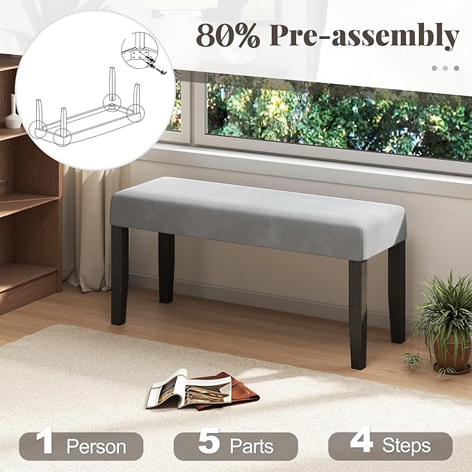 Giantex 42" Upholstered Dining Bench with Velvet Padded Seat, Rubber Wood Legs, 800 Lbs Capacity, Entryway Bench for Bedroom End of Bed, Dining Room, Hallway, Living Room, Kitchen (Grey, 1-Pack)