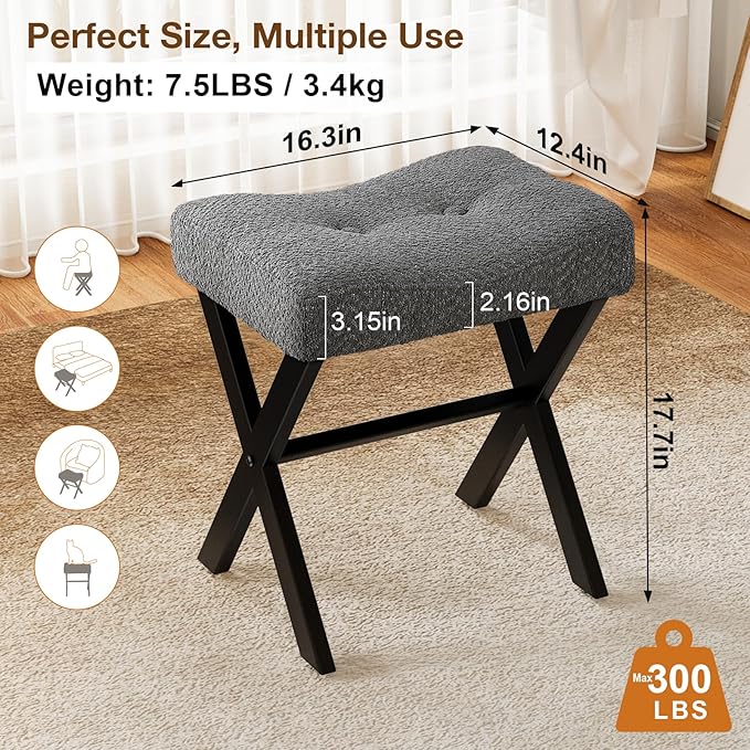 18-Inch Vanity Stool Chair, Vanity Bench with Metal X-Legs, Ottoman Accent Stool with Breathable and Soft Boucle Fabric Saddle Seat, Grey