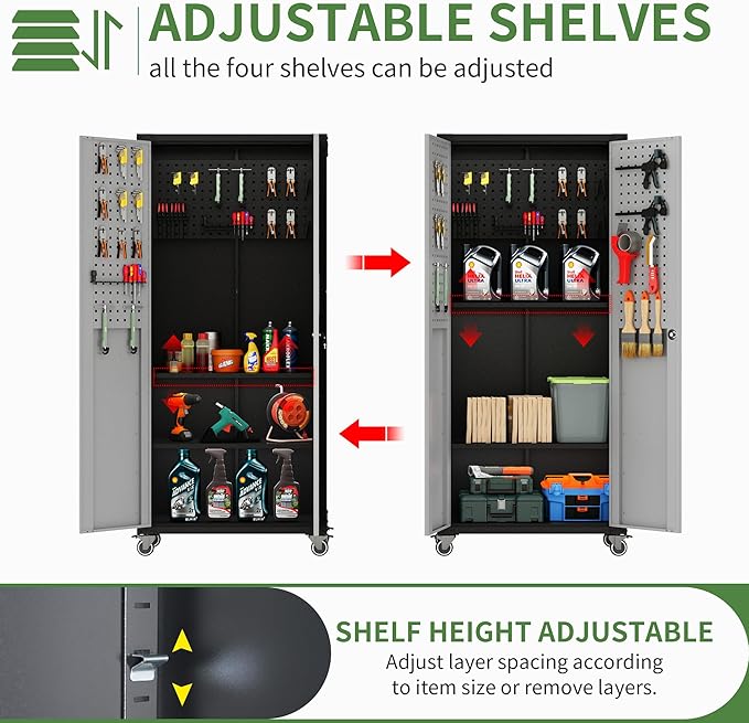 71'' Garage Storage Cabinet on Wheels Metal Tool Cabinets with Locking Doors and 3 Adjustable Shelves,Heavy Duty Tall Rolling Steel Cabinets for Garage Warehouse Basement Office