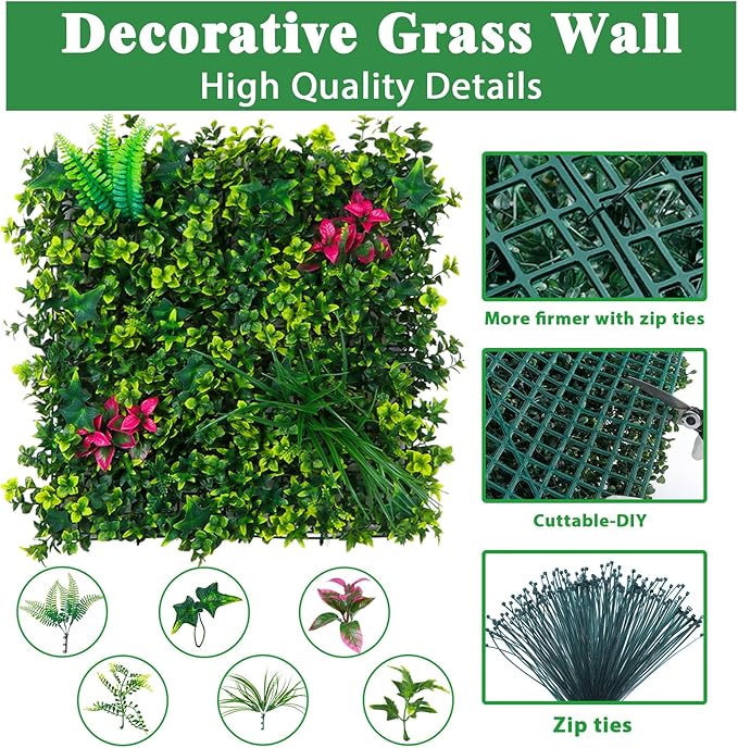 Artificial Boxwood Wall Panels, 20''x20'' 6pcs Grass Wall Panels with Mint Plant Leaves, Greenery Backdrop Privacy Screen with UV Protection, Green Grass Wall for Garden Indoor Outdoor Decor