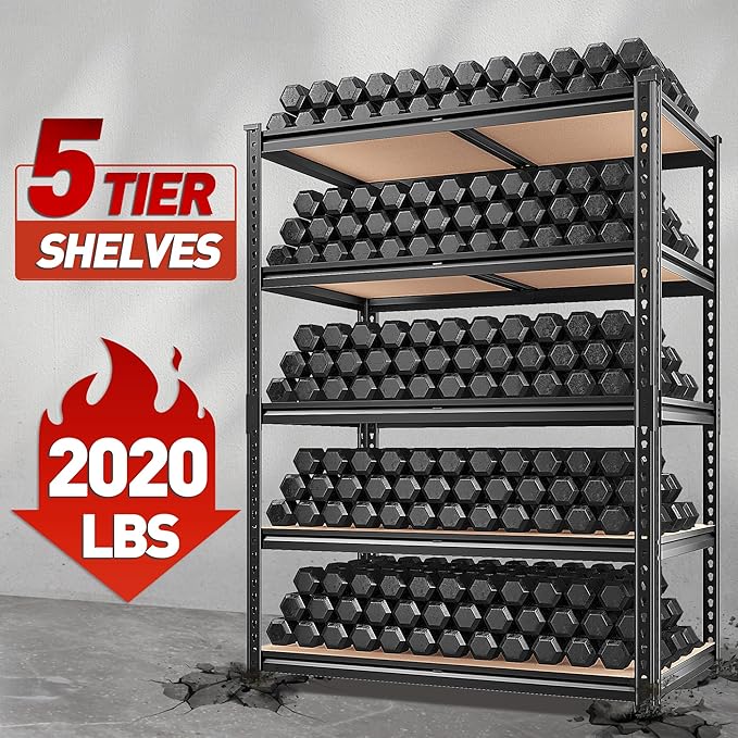 REIBII 2020LBS Storage Shelves 5 Tier Garage Shelving Heavy Duty, Adjustable Metal Shelving, Garage Shelves for Basement, Warehouse, Pantry, Closet, Kitchen 72" H x 35.55" W x 16" D, Black, 3 Pack