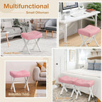 18-Inch Leather Vanity Stool Chair, Vanity Bench with Metal X-Leg, Ottoman Accent Stool with Thick Padded Saddle Seat, Pink