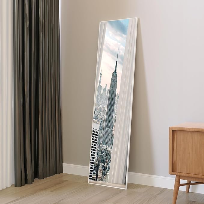 ANYHI Over The Door Mirror, 47" x 12" White Door Mirror Full Lenth, 2 Hooks, Door Mount or Wall Mount, for Bedroom, Living Room, Bathroom