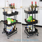 3 Tier Utility Rolling Cart Multifunction Organizer Shelf Storage Cart with Handle and Lockable Wheels for Home Kitchen Bathroom Laundry Room Office Store etc. (Black)