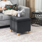 Adeco 18 Inch High Faux Fur Grey Cube Ottoman Storage, Fluffy Striped Velvet Chair Foot Stools, Small Bench Upholstered Vanity Stool with Hinged Lid, Solid Wood Legs