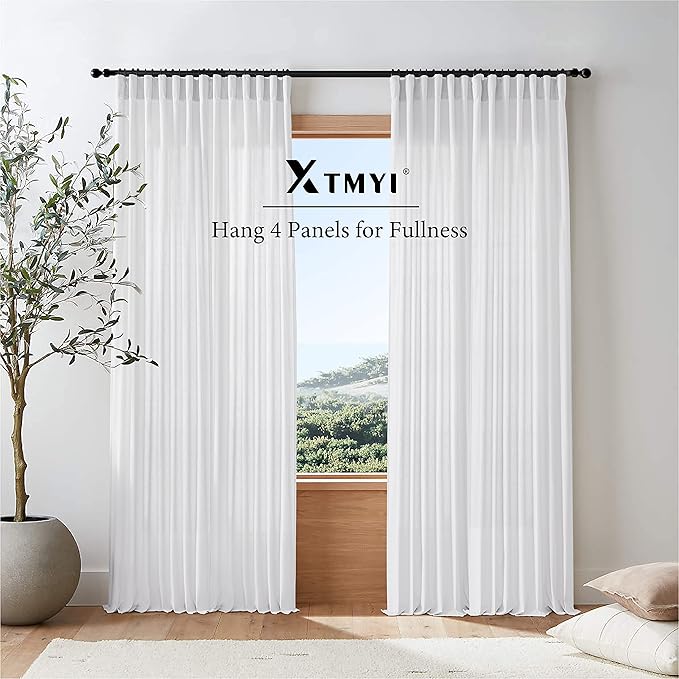 XTMYI 92 Inch Curtains Length 2 Panels Set,Back Tab Linen Sheer Window Curtains Living Room Bedroom,50x92 in Long,White