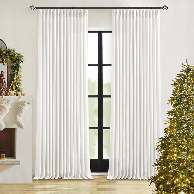 Off White Linen Curtains 102 Inches Long 2 Panels for Living Room Modern Thick Linen Flax Pinch Pleated Memory Trained Light Filtering Ceiling Semi Sheer Curtain with Hook Rings Ivory Beige White