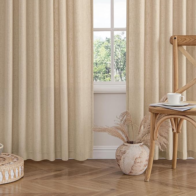 MIULEE Non-See-Through Privacy Linen Curtains 2 Panels, Light Filtering Window Curtains Farnhouse Textured Back Tab Semi Sheer Drapes for Bedroom Living Room, 52 x 108 Inches Long, Light Brown