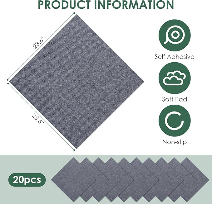 Carpet Tile 20 Pack 24” X 24” Self Adhesive Carpet Floor Tiles Anti-Slip Squares Peel and Stick Floor Tilel DIY Installation for Bedroom(Dark Grey)