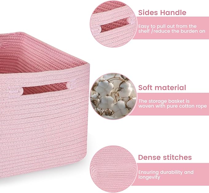 Shelf Woven Storage Basket, 15 x 10 x 9” Closet Rope Baskets For Organizing, Square Bins with Handles, Pink 1 Pack