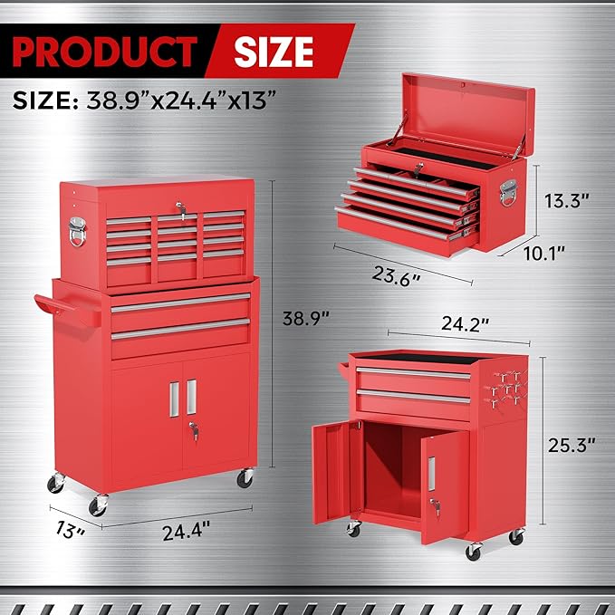 INTERGREAT Tool Chest Cabinet,8-Drawer Rolling Tool Chest with Detachable Top Tool Box, Tool Chests with Universal Lockable Wheels, Metal Tool Cart for Garage, Workshop, Barbershop(Red)