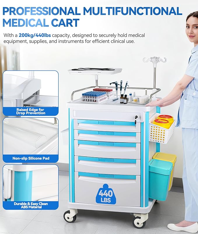 Medical Medical Rolling Crash Cart with CPR Board, IV Pole, O₂ Holder, 5 Drawers & Dividers, Mobile Emergency Cart for Hospital Clinic, 24.4" W x 18.5" D x 36.2" H (with 5 Drawers)