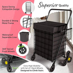 Stairs Climbing Shopping Cart w/Waterproof Basket Liner & 360° Swivel Wheels | Foldable Collapsible & Lightweight | Perfect for Groceries Laundry Utility Cart - Black