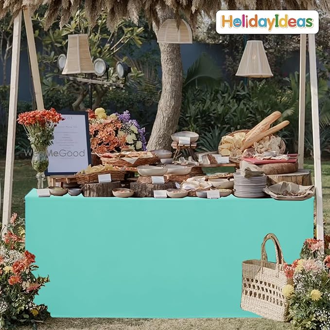 HolidayIdeas Fitted Tablecloths for 8 Foot Rectangle Table, Full Coverage Table Covers 30x96 Inch for Vendor Booth Display, Banquet, Trade Show, Aqua, 4 Pcs