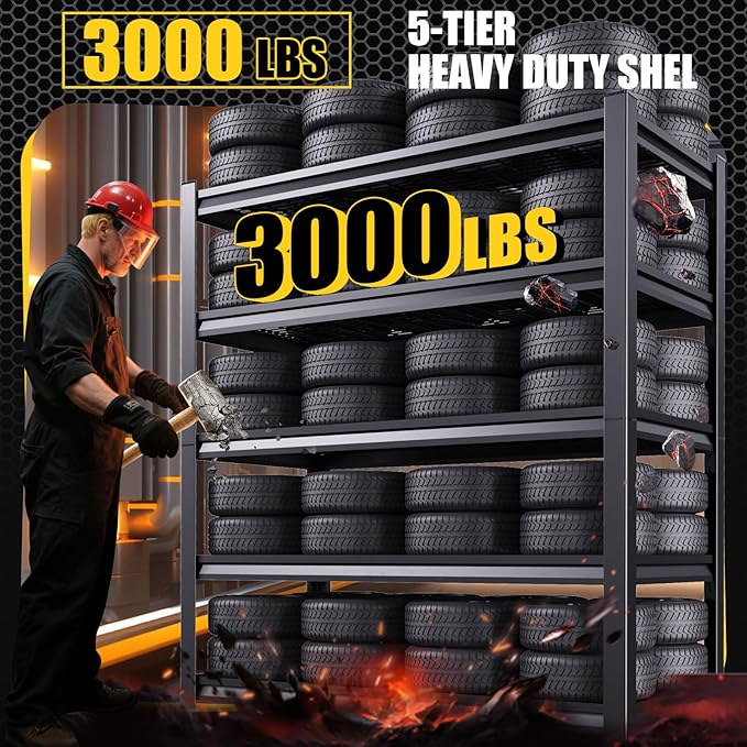 81”H*46”W Garage Shelving Heavy Duty Storage Shelves, 5-Tier Metal Adjustable Shelving Unit, 3000LBS Utility Garage Organizer Shelf Rack for Pantry, Kitchen, Warehouse, Black