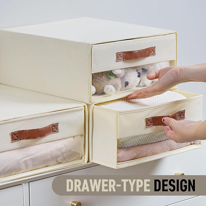 Closet Organizers and Storage Bins, Stackable Storage Drawers, Fabric Organizer Bins with Drawers,Stackable Closet Bins with Clear Window for Bedroom, Shelf,Room15.7"x 12.6"x 6.7"(Beige)