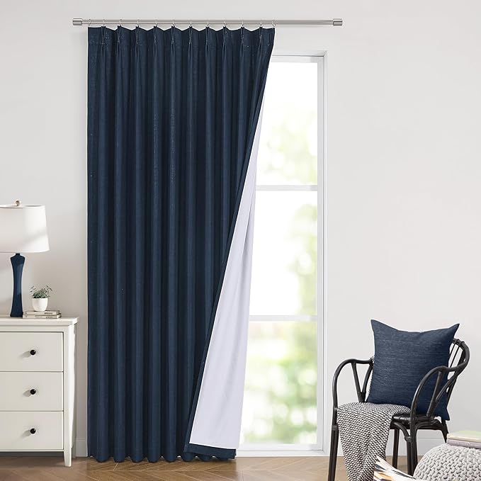 Vision Home Navy Blue Pinch Pleated Full Blackout Curtains Linen Blended Room Darkening Window Panels 95 inch for Living Room Bedroom Thermal Insulated Pinch Pleat Drapes with Hooks 60" Wx95 Lx1