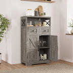 Small Farmhouse Storage Cabinet with Barn Doors, Farmhouse Kitchen Pantry Cabinet, Tall Coffee Bar with Storage, Hutch Cupboard for Kitchen, Laundry, Living Room, Washed Grey