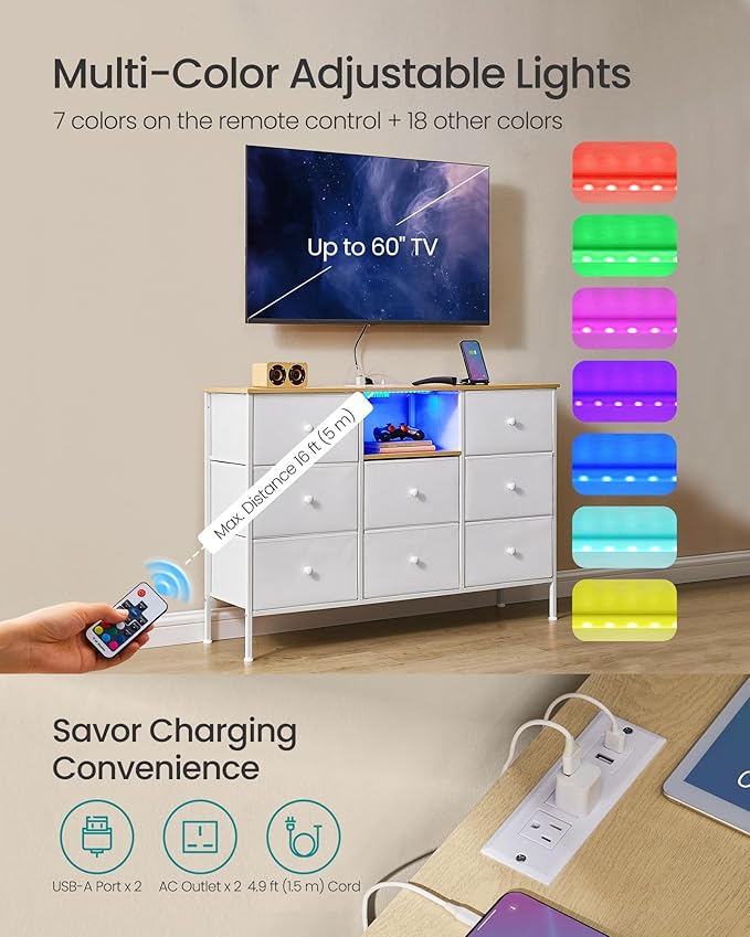 SONGMICS Dresser for Bedroom, Fabric Dresser with Power Outlets and LED Lights, TV Stand for up to 60 Inch TVs, 25 Colors, 11.8 x 47.2 x 31.3 Inches, Cloud White and Oak Beige ULTS518W01