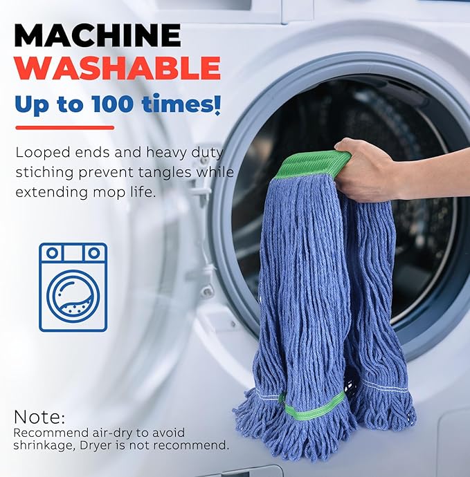 Onesimus 28 oz Heavy Duty Mop Head Replacement, 5 Inch Headband for Quick Change Handle, Blue Loop-End Cotton Blend String Wet Dry Floor Mop Refill Commercial Cleaning Supplies, 1 Pack X-Large