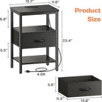 SUPERJARE Nightstand Set of 2, Bed Side Tables with Charging Station, Adjustable Fabric Drawer, Night Stand for Bedroom, 3-Tier Storage End Tables, Black