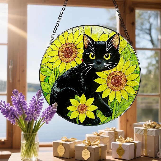 Stained Glass Window Hanging, 8 Inch Black Cat Sun Catcher, Suncatchers for Windows, Sunlight Catcher Glass, Window Hanging Decor, Gifts for Cats Lovers, Mom Gift, Black Cat Decor Gifts