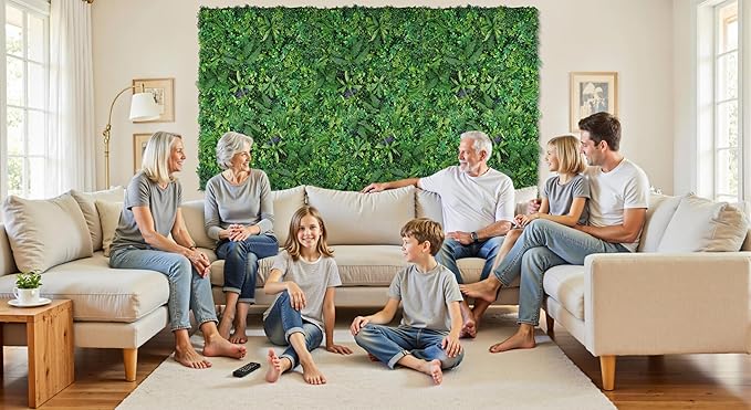 Artificial Boxwood Panel 8 Pieces 20"x20", Green Grass Wall Backdrop Wall for Fence Patio Backrop Balcony, Faux Ivy Privacy Fence Screen, 5 PCS Vines, 60 PCS Violet Flower, 2 PCS Light Strip