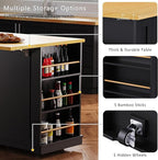 Rolling Kitchen Island with 2 Bar Stools, Drop Leaf & Power Outlet, Large Kitchen Islands Cart on Wheels, Movable Kitchen Island with 5 Open Shelves & Towel Rack for Kitchen, Dining Room, 53″, Black