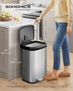 SONGMICS Kitchen Trash Can, 13 Gallon (50 L) Stainless Steel Garbage Can, with Stay-Open Lid and Step-on Pedal, Soft Closure, Tall, Large and Space-Saving, Silver and Black ULTB530E50